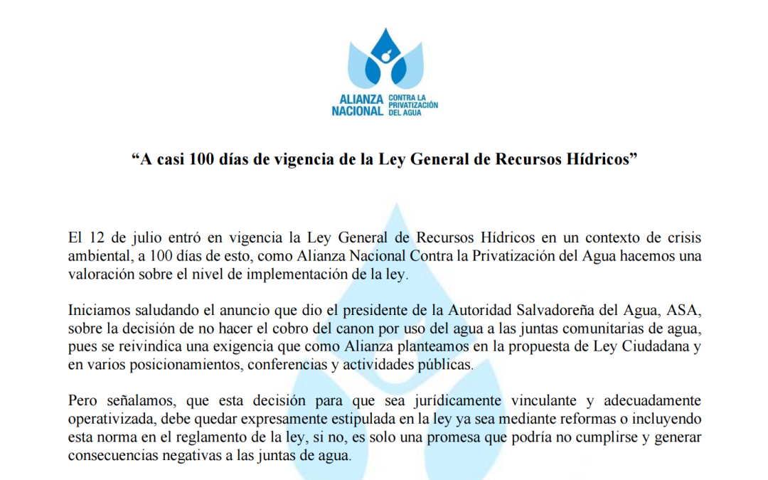 “A casi 100 días de vigencia de la Ley General de Recursos Hídricos”