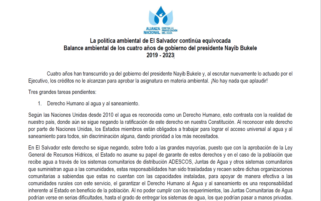 Comunicado: La política ambiental de El Salvador continúa equivocada. Balance ambiental de los cuatro años de gobierno del presidente Nayib Bukele