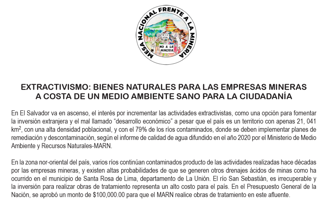 Comunicado: Extractivismo: bienes naturales para las empresas mineras a costa de un medio ambiente sano para la ciudadanía