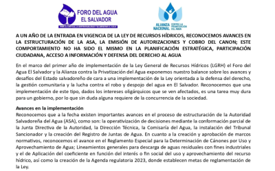 Comunicado: A un año de entrada en vigencia de la Ley de Recursos Hídricos en El Salvador
