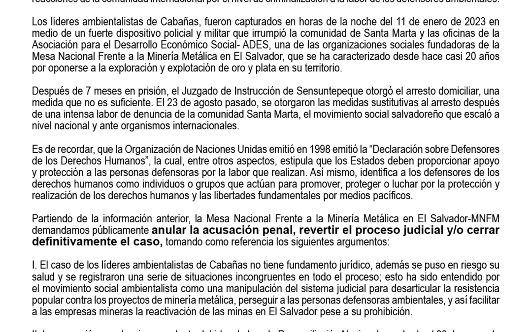 Comunicado: Demandamos la nulidad del caso contra líderes ambientalistas de Cabañas