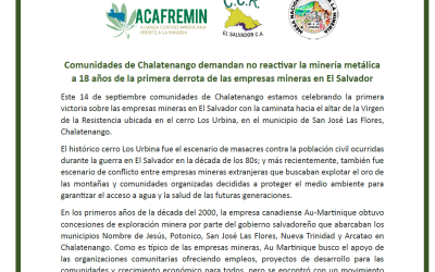 Comunidades de Chalatenango demandan no reactivar la minería metálica a 18 años de la primera derrota de las empresas minera s en El Salvador