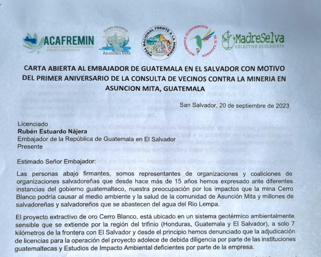 Carta abierta al embajador de Guatemala en El Salvador, con motivo del primer aniversario de la consulta de vecinos contra la minería, en Asunción Mita, Jutiapa, Guatemala.