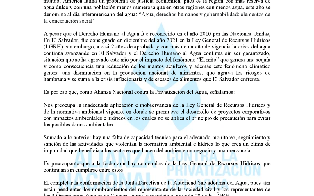 Comunicado: En el Día Interamericano del Agua, la sequía golpea el acceso al agua y a la alimentación de la población en El Salvador