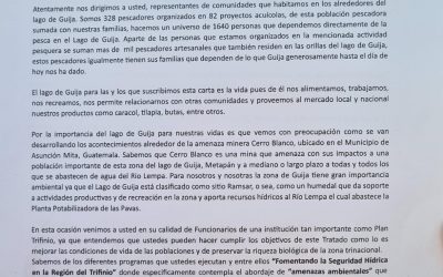 Carta al vice presidente de la República de El Salvador con relación a la mina transfronteriza Cerro Blanco
