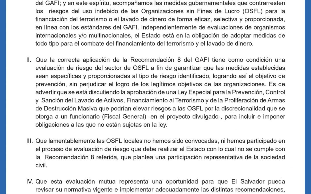 Comunicado: urge una correcta aplicación de la recomendación 8 del GAFI