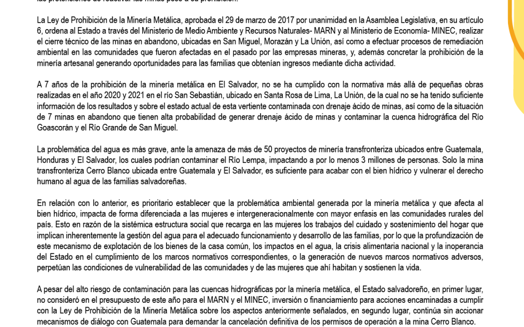 A 7 años de la Ley de Prohibición de la Minería Metálica demandamos del Estado frenar la contaminación del agua