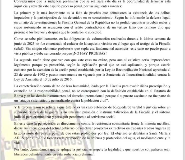 Comunicado: exigimos el sobreseimiento definitivo para los líderes comunitarios de Santa Marta y ADES. (03/04/2024)