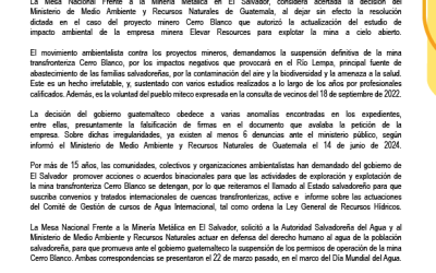 Comunicado: ante la decisión de Guatemala sobre la mina transfronteriza Cerro Blanco