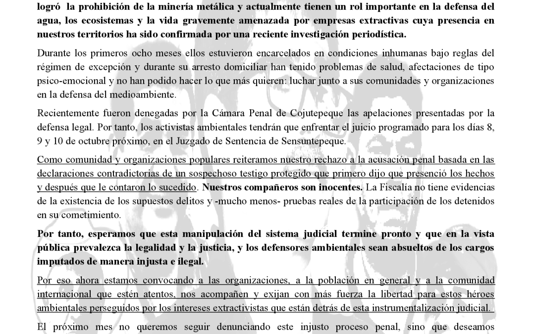 Comunicado: 20 meses de persecución judicial contra el activismo ambiental en El Salvador