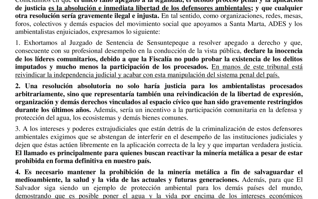 Comunicado: La única resolución legal y justa es la absolución de los defensores ambientales de Cabañas