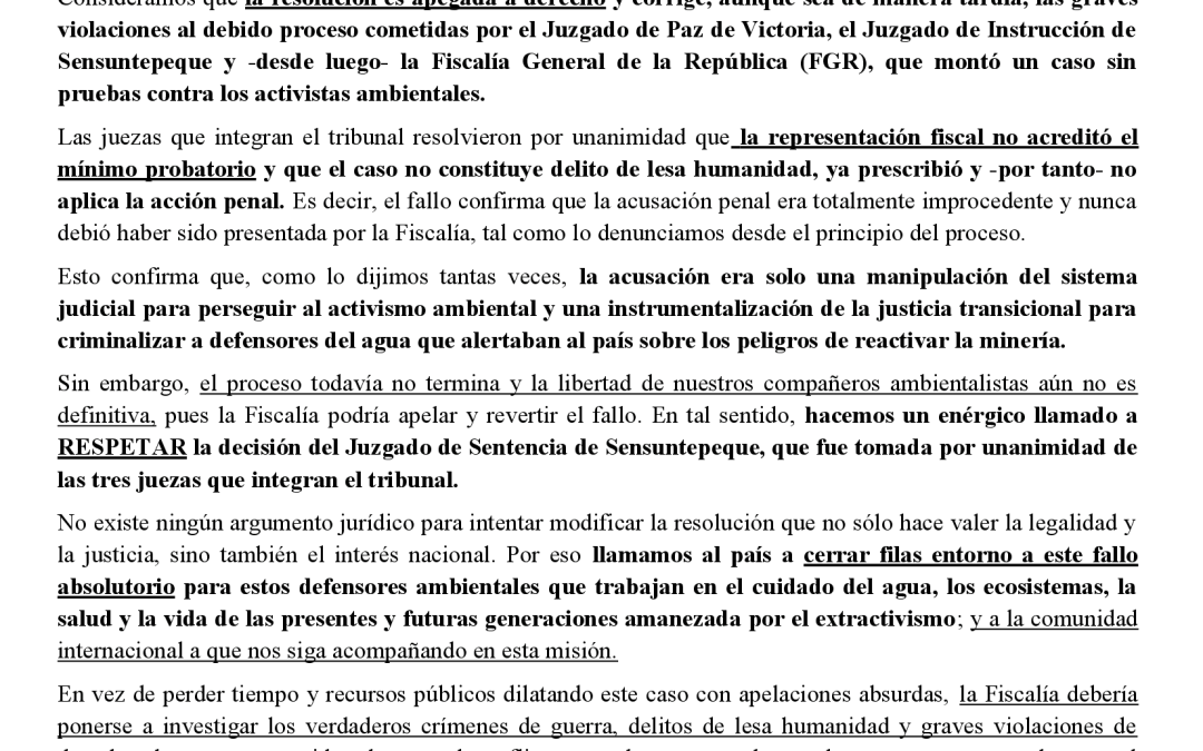 Comunicado: celebramos la libertad de los ambientalistas de Cabañas y exigimos respeto al fallo judicial que los absuelve