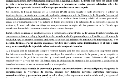 Comunicado: rechazamos intento de revertir o dilatar la libertad definitiva de los líderes ambientalistas